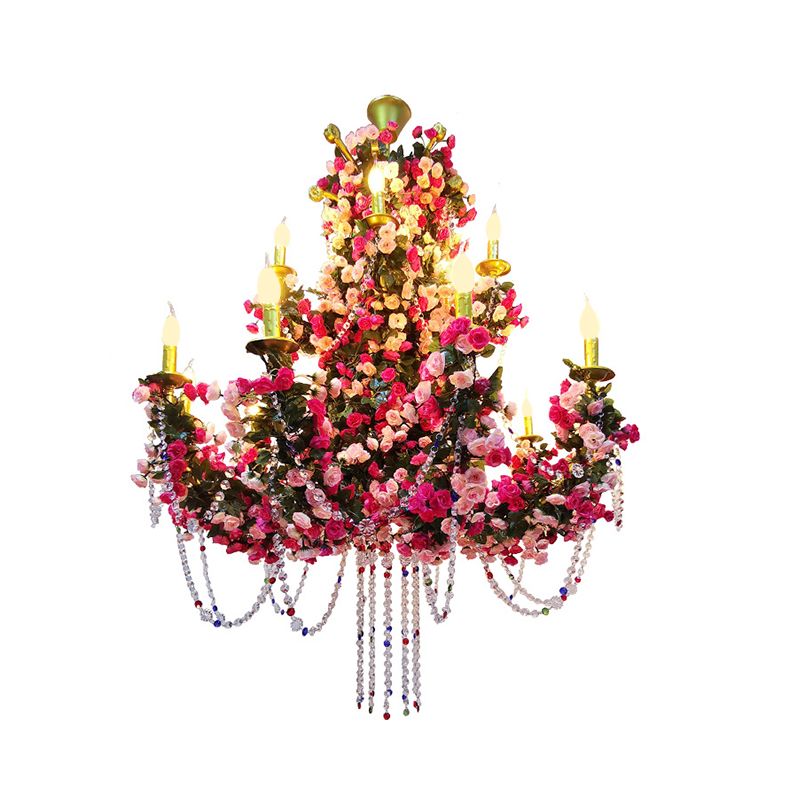 Antique Candle Ceiling Chandelier 8 Bulbs Metal LED Flower Drop Lamp in Pink for Restaurant