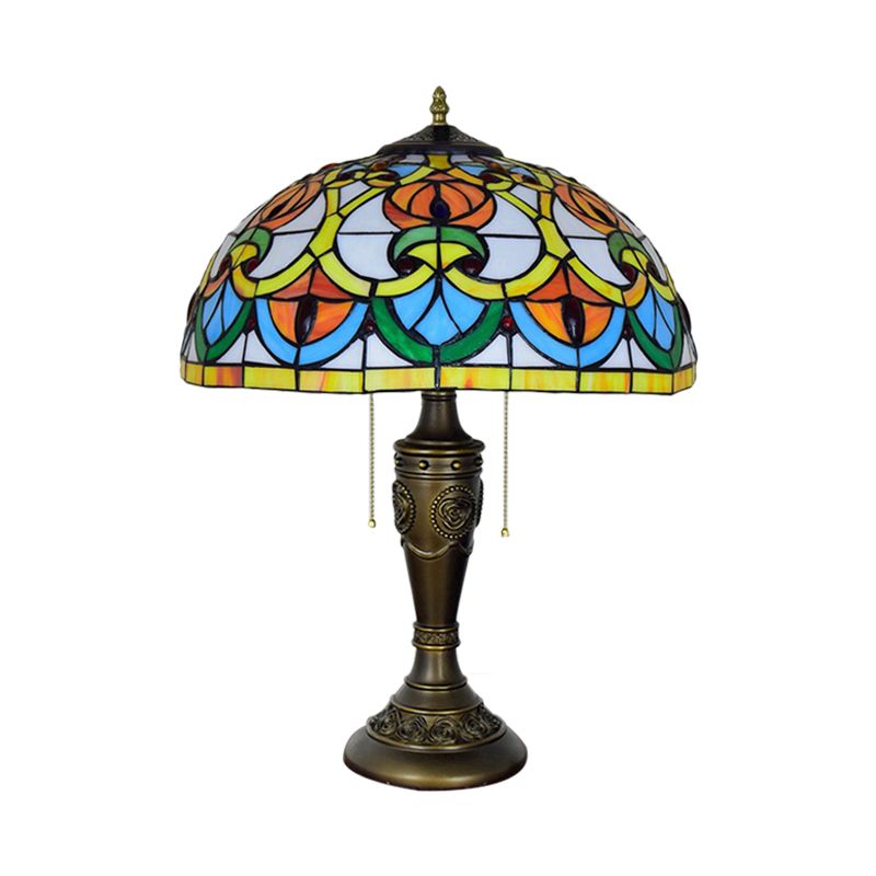 2 Lights Chamber Nightstand Light Tiffany Bronze Pull Chain Table Lamp with Bowl Stained Art Glass Shade