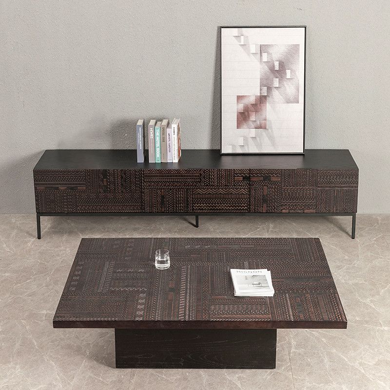 Traditional Teak Wood Media Console Brown TV Media Stand with Drawers