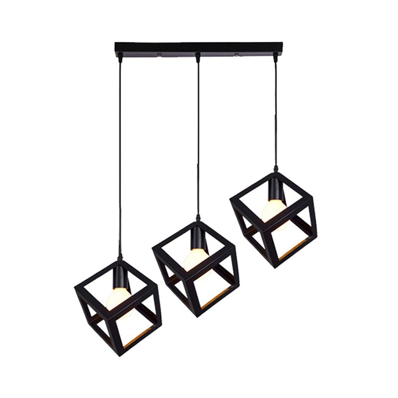 Salle à manger à cage géométrique Multi-plafond lampe vintage métal 3 têtes de suspension noire lumière