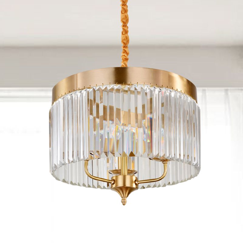 Contemporary Drum Pendant Chandelier Faceted Crystal 3 Bulbs Ceiling Hanging Light in Brass