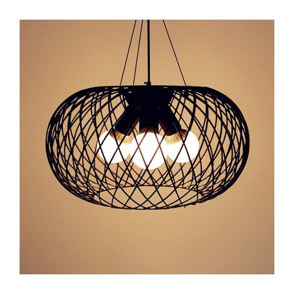 3 Köpfe Netzkäfigleuchterbeleuchtung mit Drum Shade Industrial Style Black Metall Hanging Lampe