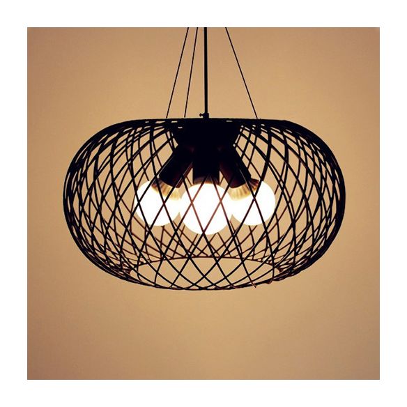 3 Heads Mesh Cage Chandelier Lighting with Drum Shade Industrial Style Black Metal Hanging Lamp