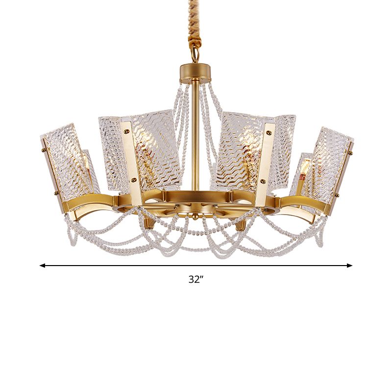 Simplicity Beaded Pendant Chandelier Crystal 6/8 Heads Living Room Hanging Lamp Kit in Brass with Panel Shade