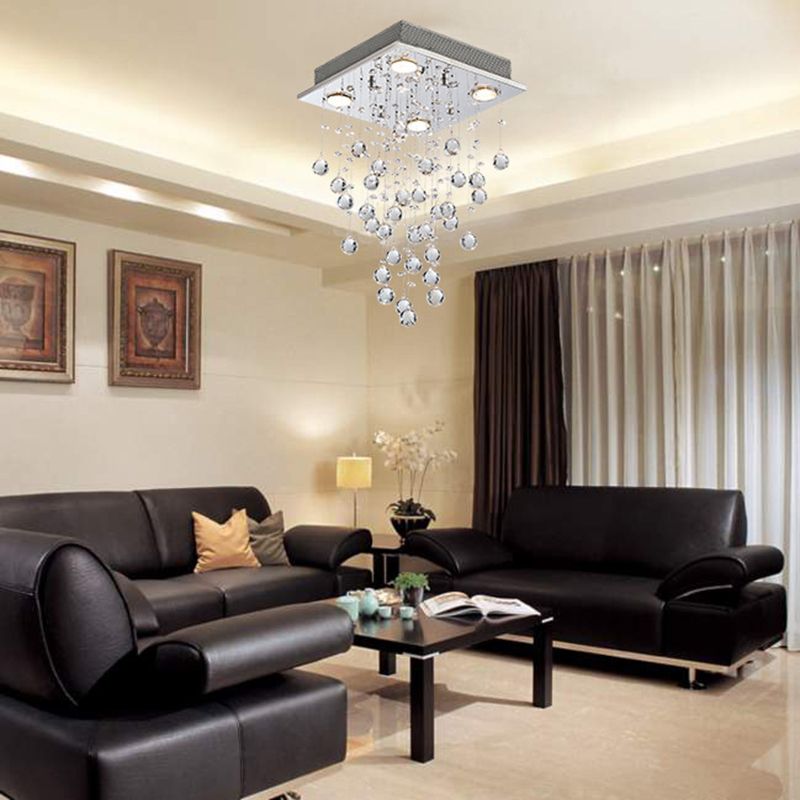 12" Wide Square Stainless Steel LED Ceiling Light with Crystal Ball Drops 4-Lights Modern Style Flush-mount Lamp