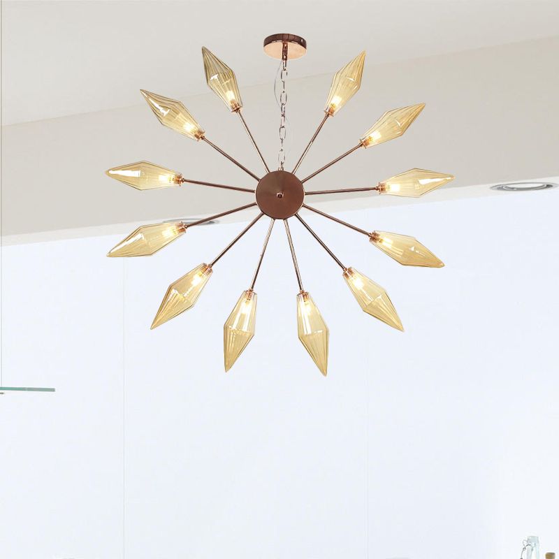 6/9/12 Lights Chandelier Lamp Industrial Sputnik Amber/Clear Glass Ceiling Light Fixture in Black/Copper/Chrome