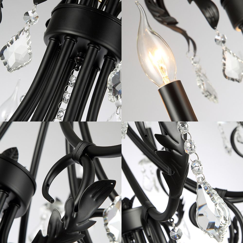 6/8 Bulbs Candle Pendant Chandelier Nordic Crystal Hanging Ceiling Light in Black for Living Room