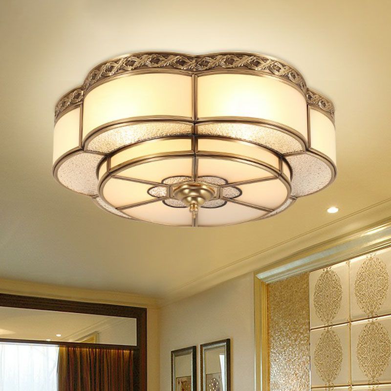 Flower Corridor Ceiling Mount Lamp Traditional Frost Glass Brass Finish Flush Light Fixture