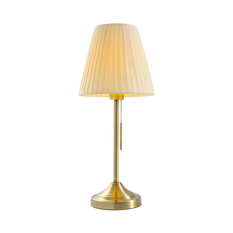 Modern Conic Night Lamp Pleated Fabric 1-Light Bedroom Metallic Table Light in Beige/Red with Pull Chain