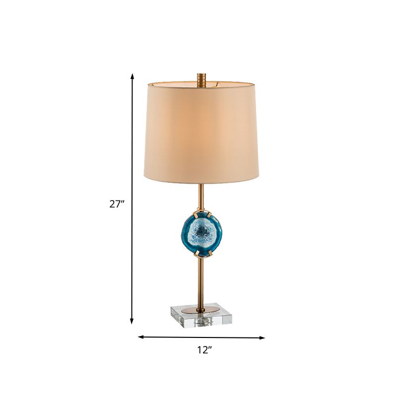 1 Head Living Room Desk Light Modern Blue Night Table Lamp with Barrel Fabric Shade