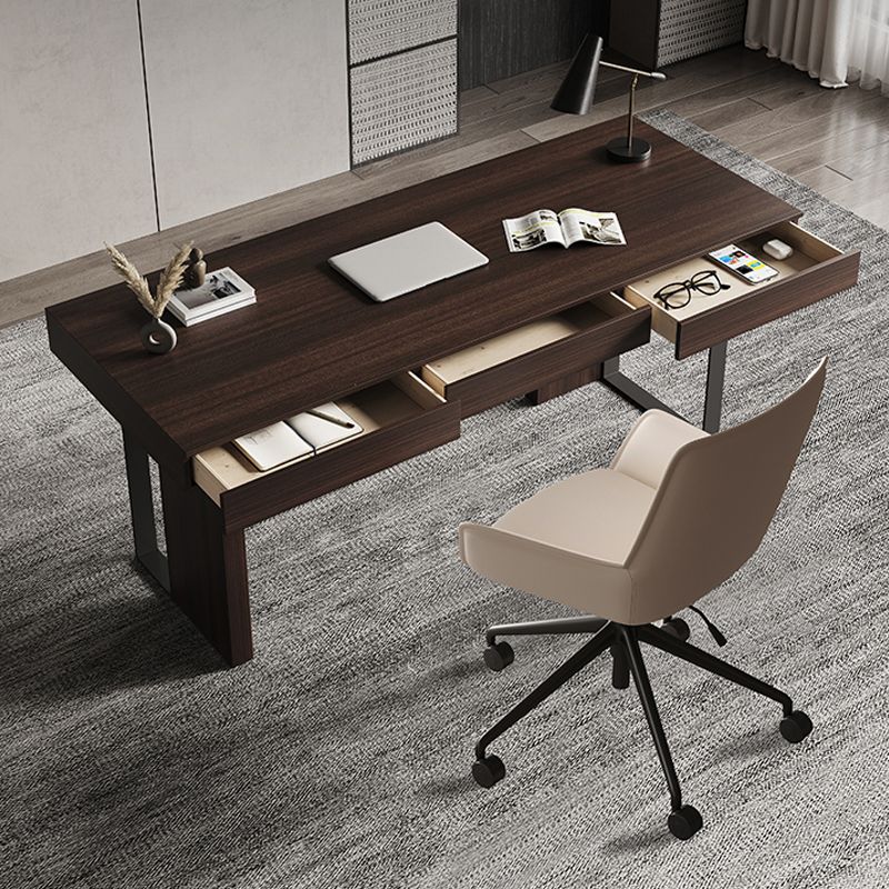 3 Drawers Writing Desk Rectangular Shaped Office Desk in Brown