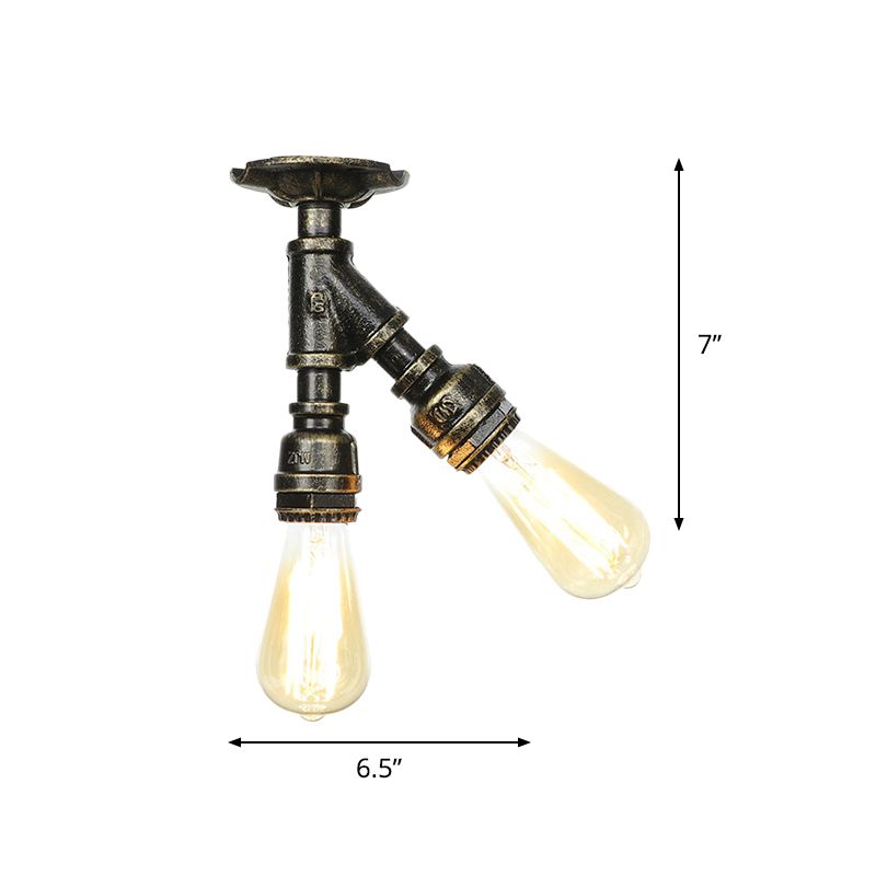 Bronze 2 Lights Semi Flush Light Fixture Industrial Bare Bulb Flush Mount Ceiling Lamp