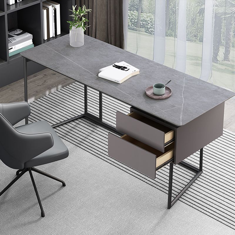 Modern Stone Top Office Desk Rectangle Task Desk with 2 Drawers for Home