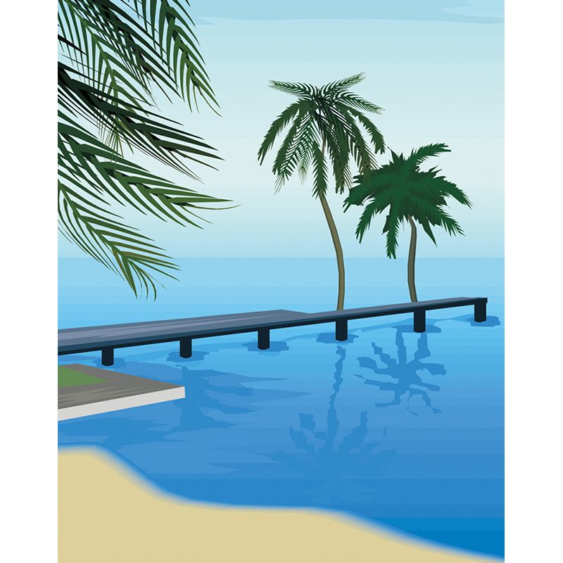 Seashore Palm Tree Wall Murals Blue-Green Tropical Wall Covering for Living Room