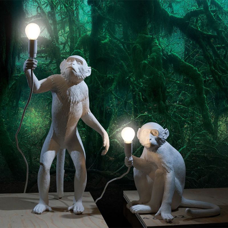 White Monkey Standing Floor Light Artistic Single-Bulb Resin Floor Lamp for Living Room