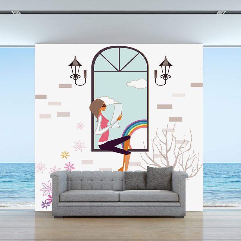 Non-Woven Water-Proof Murals Modern Girl Reading on Window Pattern Wall Covering in Blue-White