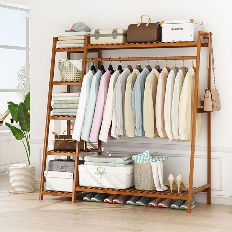 Modern Clothes Hanger Free Standing Wood Coat Rack with Storage Shelving