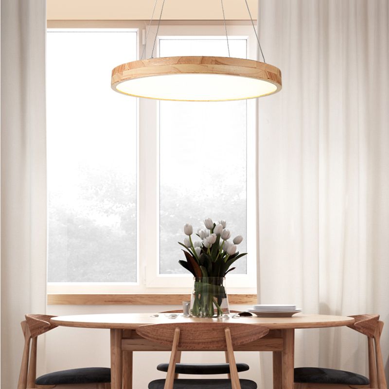 Round Wooden Hanging Lamp LED Pendant Light for Dining Room with Acrylic Shade