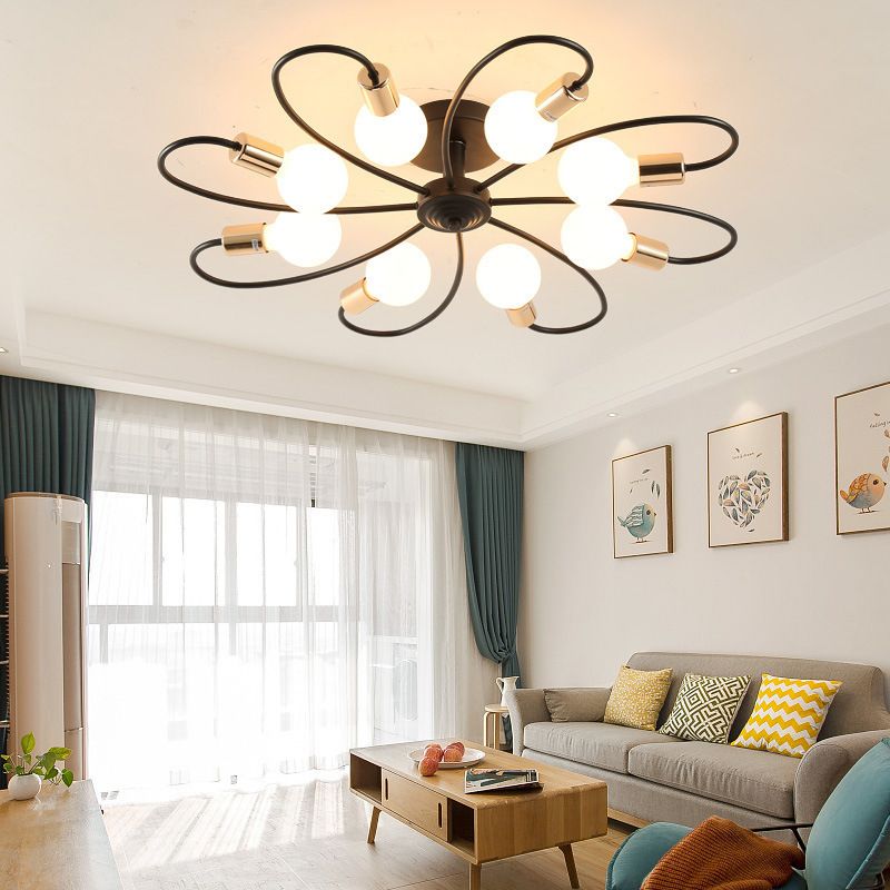 Bare Bulb Industrial Retro Semi-Flush Mount Radial Cast Iron Ceiling Light