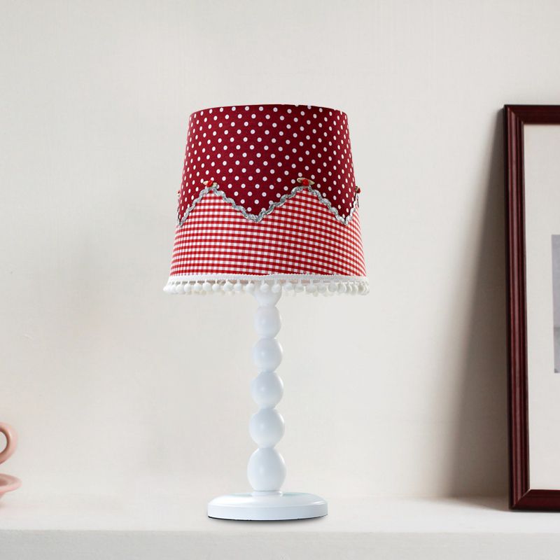 Modern Barrel Desk Lamp Wood 1 Head Red Table Light with Fabric Shade for Bedroom