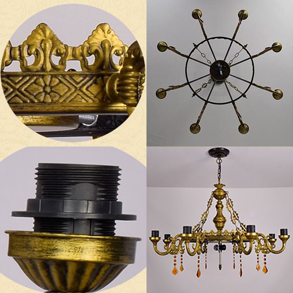 8 Arms Bell Suspension Light Rustic Stained Glass Chandelier Light with Center Bowl in Yellow for Villa