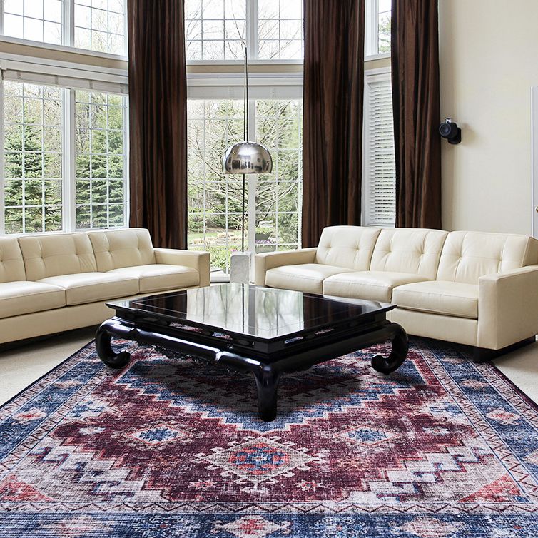 Blue Tone Distressed Area Carpet Polyester Floral Printed Indoor Rug Anti-Slip Backing Carpet for Living Room
