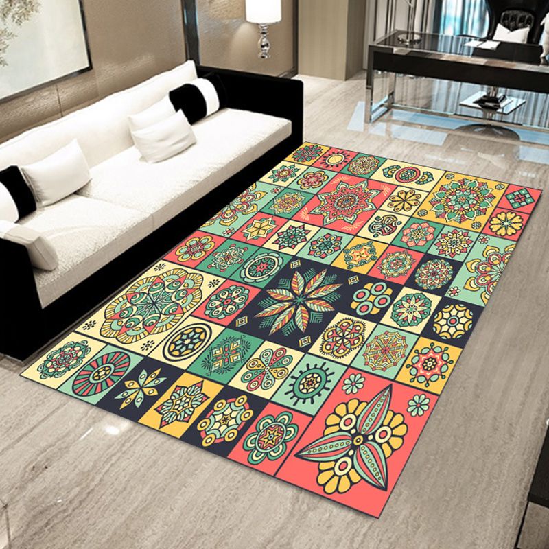 Bohemian Mosaic Tile Print Rug Multicolored Polypropylene Rug Stain Resistant Washable Non-Slip Backing Rug for Home Decoration