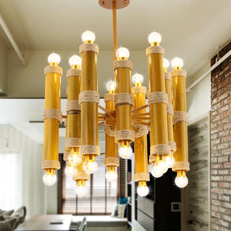 Bamboo Tube Rope Ceiling Chandelier Antique 24 Lights Living Room Pendant Lamp in Yellow