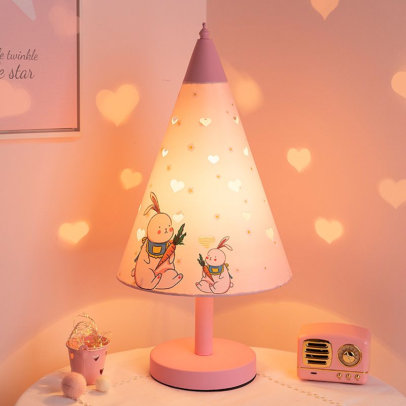 Kegelgewebe Nachttisch leichte Kinder 1 Glühbirne Pink Night Tischlampe mit Kaninchenmuster und Ausschnittsdesign