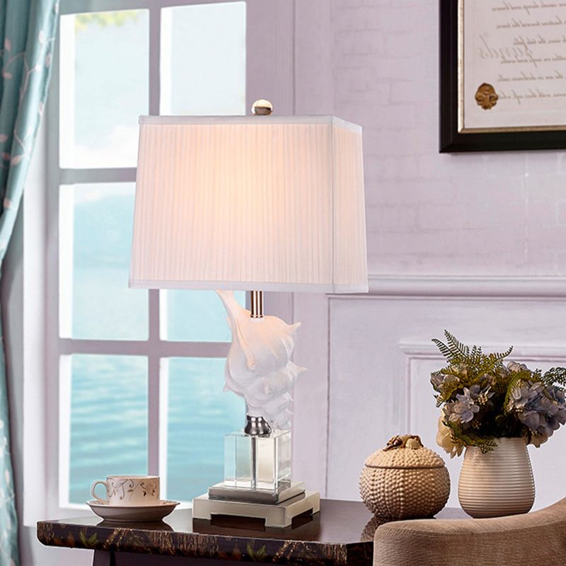 Silver/White Conch Shell Night Light Countryside Resin 1 Head Dining Table Lamp with Square Pleated Fabric Shade