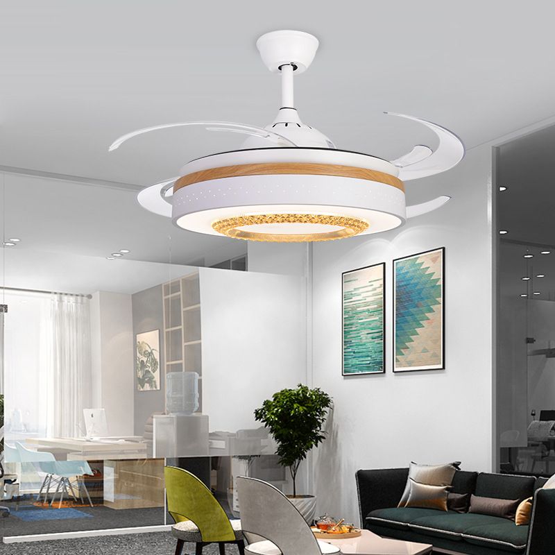 Nordic Drum Flush Lamp with Fan Amber Crystal White LED Living Room Semi Mount Lighting with Wood Element