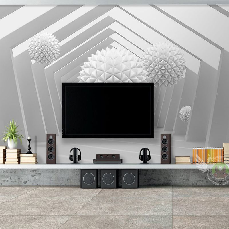 Large 3D Visual Wall Murals White Ball and Polygon Pathway Pattern Wall Covering, Custom Printed