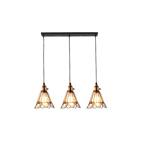 Wire Frame Metal Pendant Light Vintage Industrial 3 Bulbs Farmhouse Hanging Lamp with Petal Design in Black