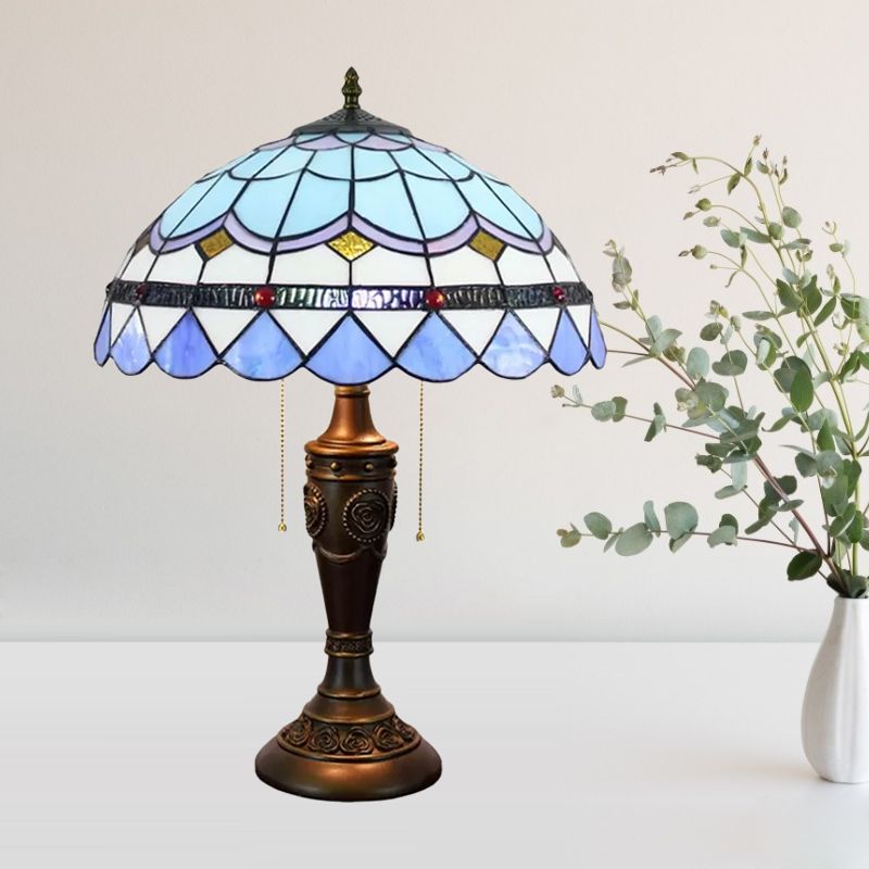 2 Heads Night Stand Lamp Mediterranean Teardrop-Edge Blue and White/Scroll Beige Glass Table Light with Pull Chain