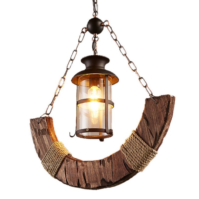 Wooden Distressed Wood Pendant Lighting Fixture Moon-Shape Industrial Pendant Light Kit