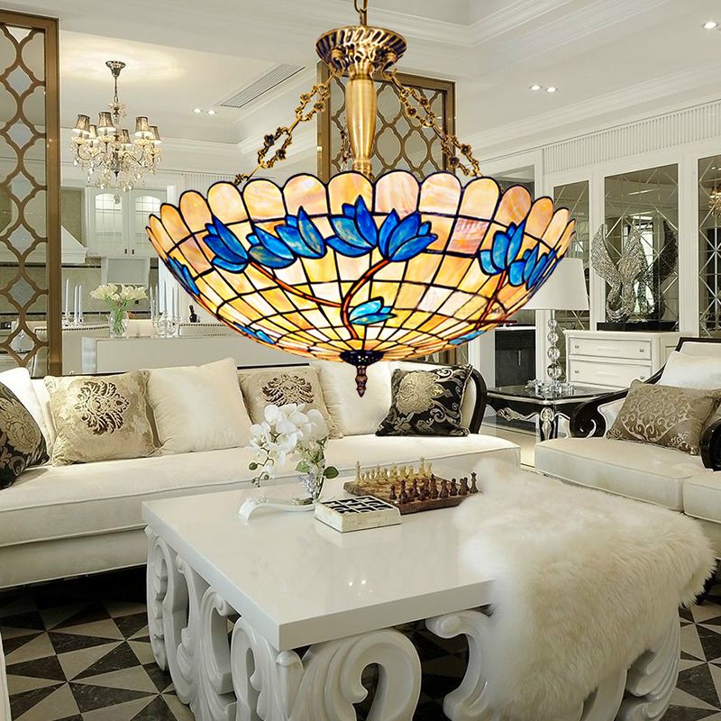 Country Scalloped Edged Semi Flush Light Stained Glass 4 Heads Tulip Semi Flush Mount for Living Room