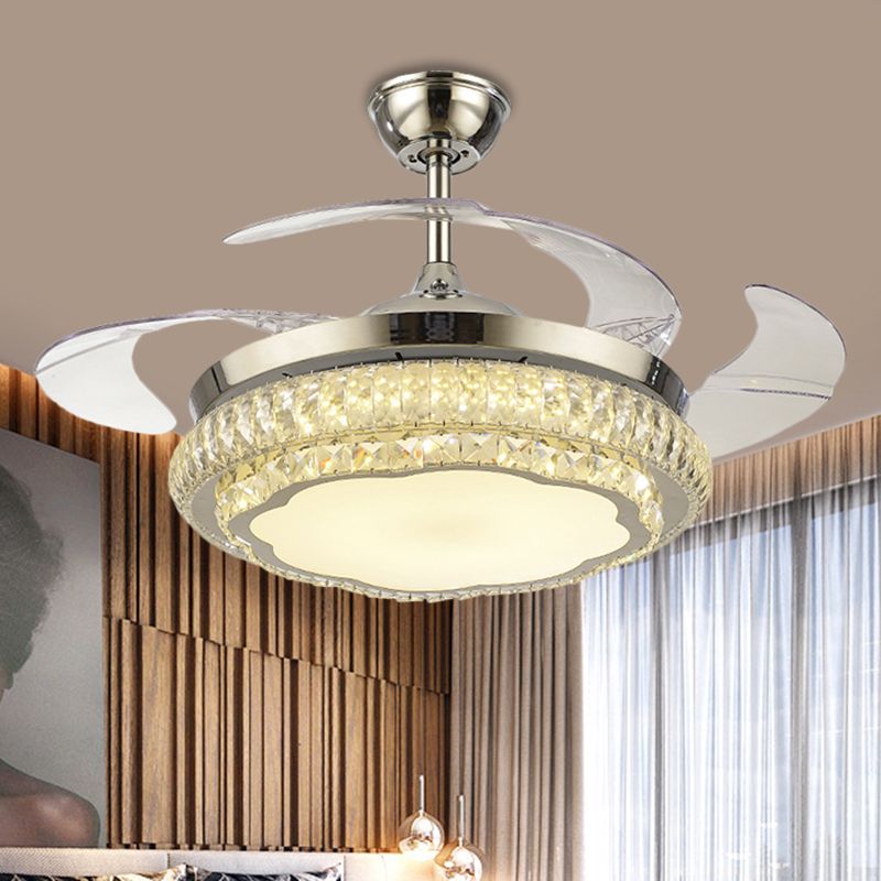 Crystal Block Round Ceiling Fan Lamp Simple 19" W LED Gold Semi Mount Lighting with Star/Floral Design, 4 Blades