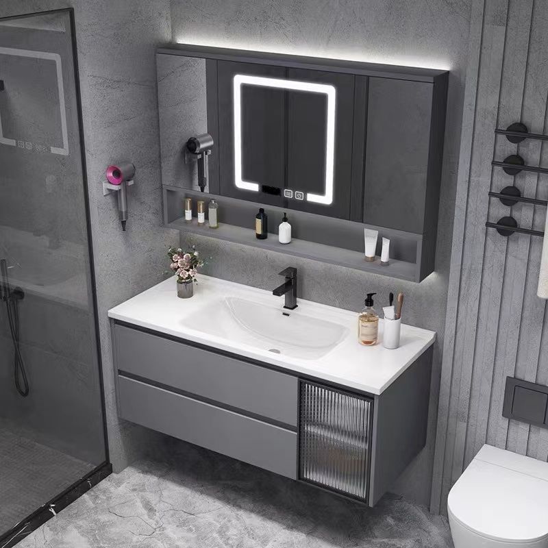 Contemporary Sink Cabinet Metal Gray Wall-Mounted Bathroom Vanity Set