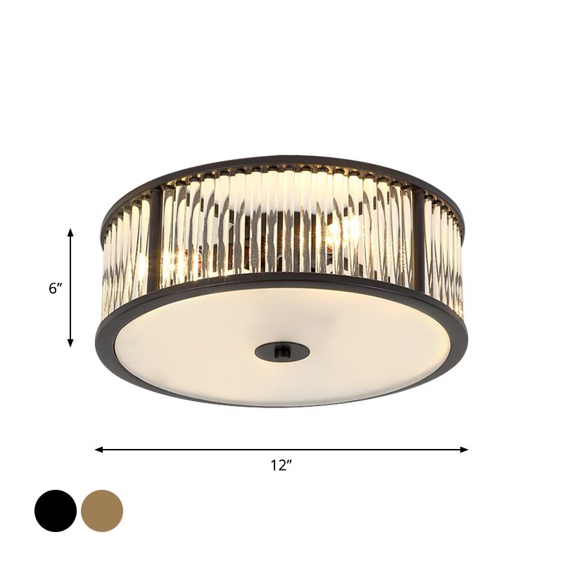 12"/16" Wide Modern 3/4 Bulbs Flush Mount with Clear Crystal Shade Black/Gold Drum Close to Ceiling Lighting