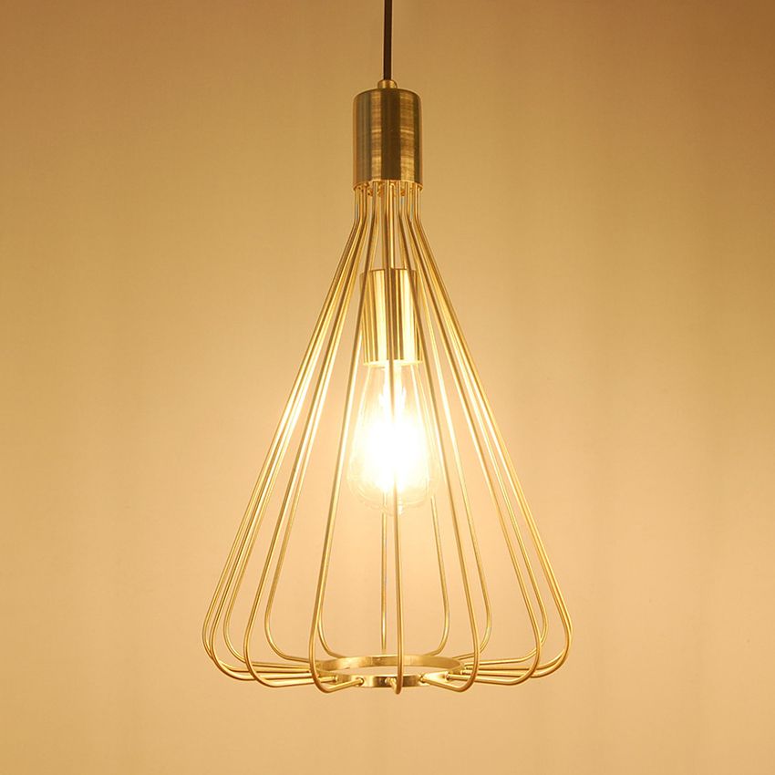 1 Bulb Conical Hanging Light with Cage Shade Vintage Loft Polished Brass/Copper Metallic Pendant Lamp for Kitchen