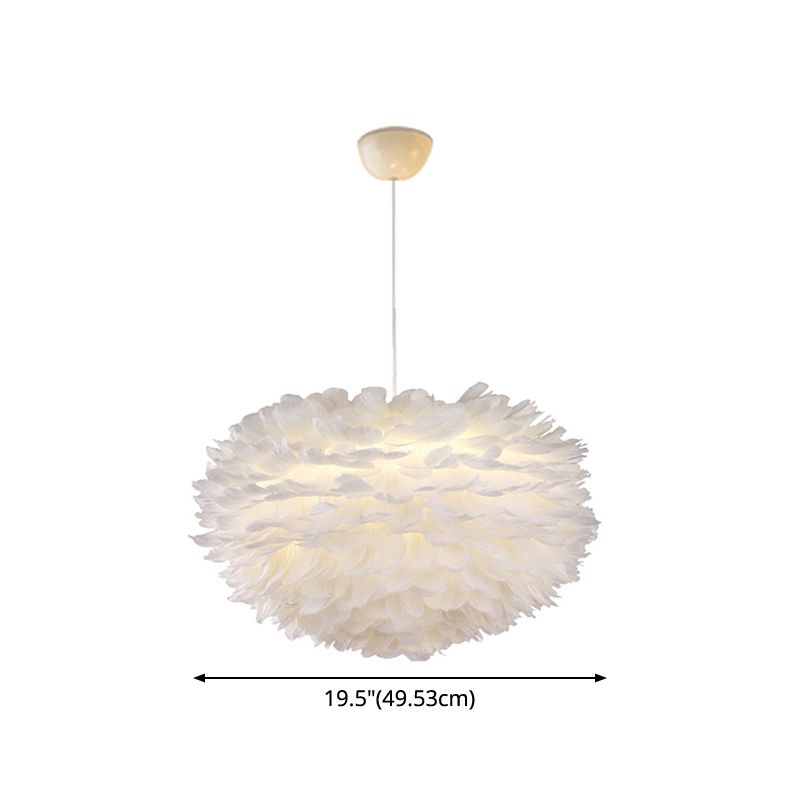 White Globe Shaped Hanging Chandelier Nordic Style Feather Suspended Lighting Fixture