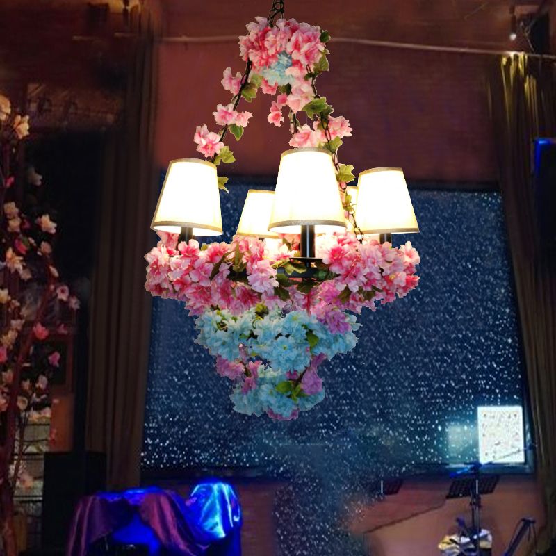 Cone Restaurant Chandelier Lighting Fixture Vintage Metal 6 Lights Pink Cherry Blossom LED Suspension Lamp