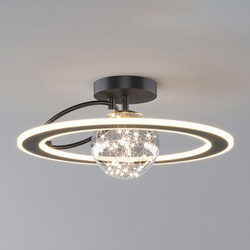 Planet Shaped Modern Style Ceiling Light 18.5" Wide LED String Light Clear Glass Ball Semi Flush-mount Lamp for Bedroom