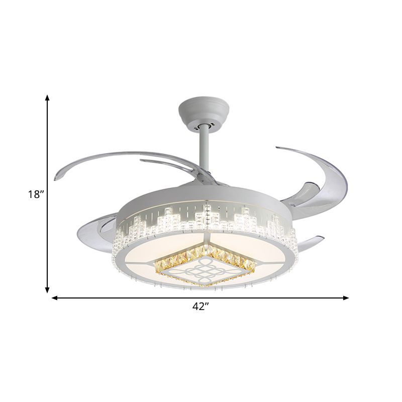 Crystal Blocks White Semi Mount Light Round Modern 4 Blades LED Ceiling Fan Lamp with Flower/Snowflake/Chinese Knot Pattern, 19" Wide