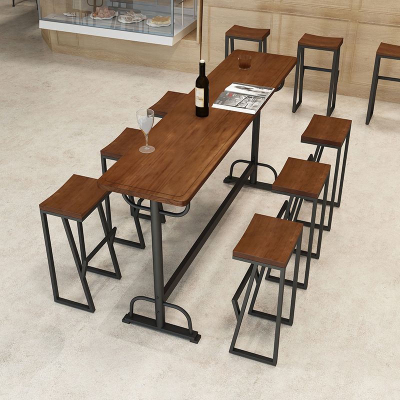 Pine Wood Bar Table Rectangle Industrial Bar Dining Table with Trestle Base in Black