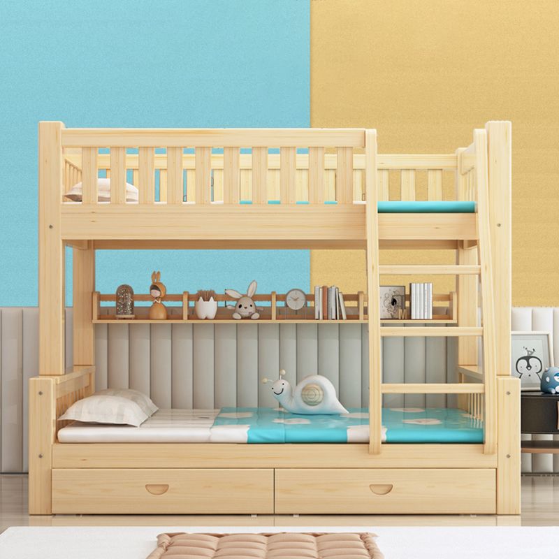 Scandinavian Bunk Bed Natural Solid Wood Kids Bed with Guardrail