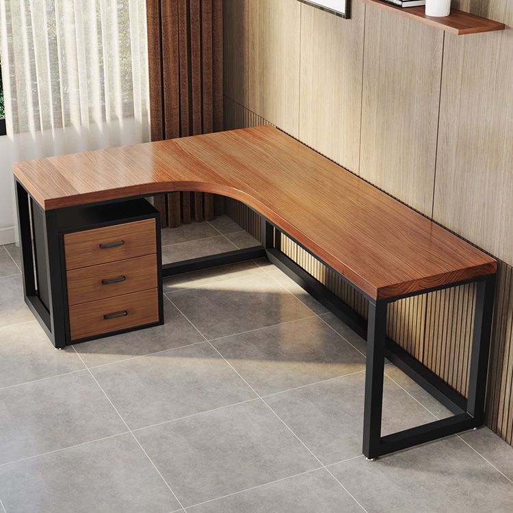 L-Shape Executive Desk Brown and Black Writing Desk Pine and Metal