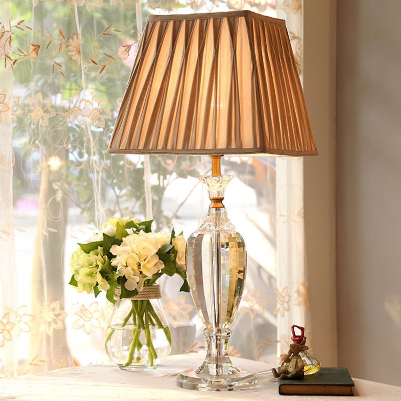 1 Light Pleated Shade Night Light Rural Style Beige Fabric Table Lamp with Urn Crystal Base