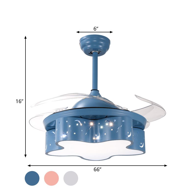 Forma de dormitorio de la estrella Ventilador colgante de dormitorio Metal Niños nórdicos 4 Blades transparentes LED Semi Flushmount en blanco/rosa/azul, 66 "de ancho