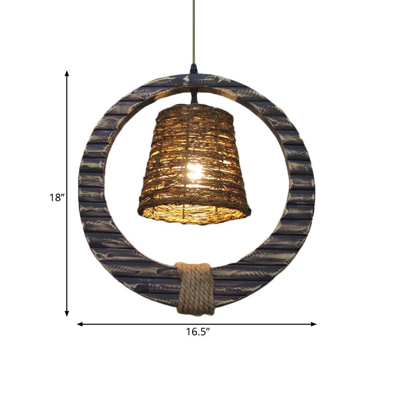 Antique Cone Suspension Pendant Light 1 Bulb Rattan Hanging Lamp in Black with Hemp Rope and Round Wood